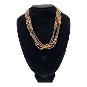 Vintage African Multicolor Multistrand Wood and Brass Tone Bead Necklace 18”